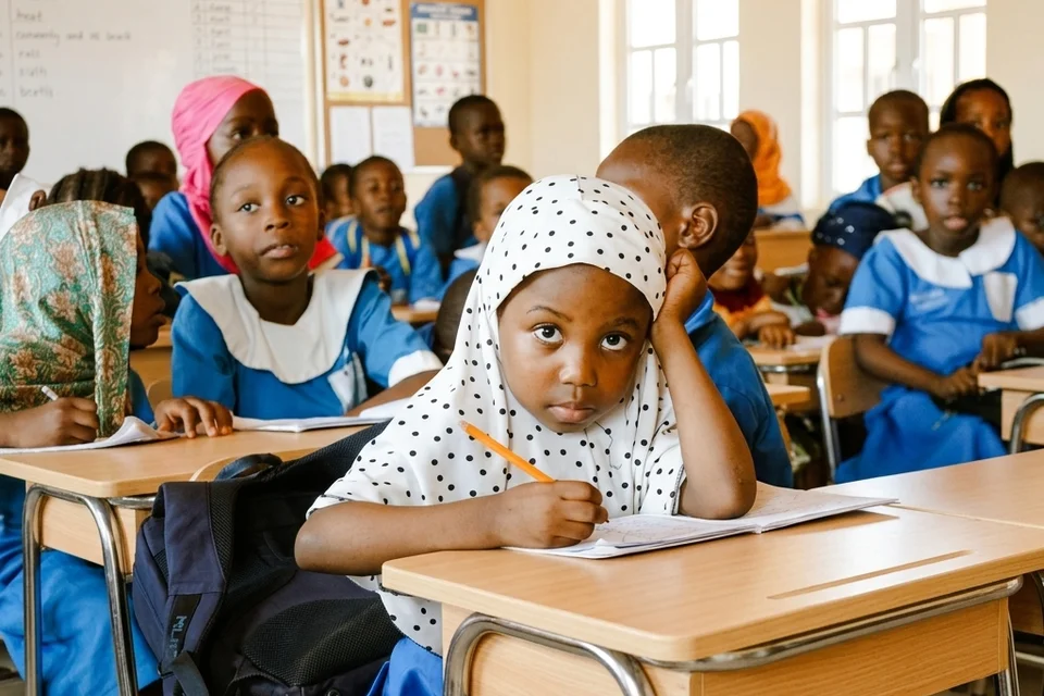 Pupils in uniform at modern desks in a bright classroom